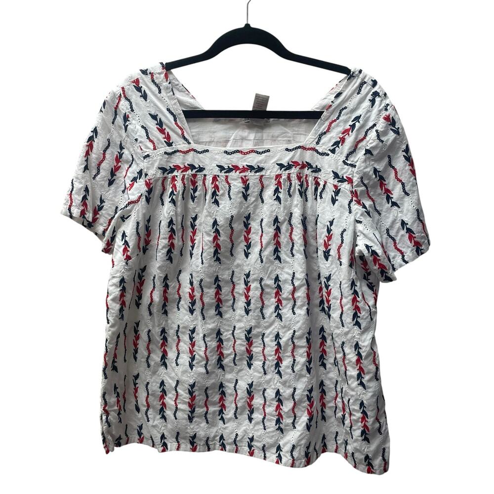 Multiples Pure Cotton Short Sleeve Square Neck Red Navy Embroidered White Top XL
